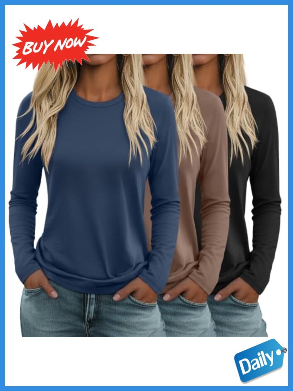 3 Pack Women's Long Sleeve Crew Neck Tunic Tops Polyester Cotton Spandex
